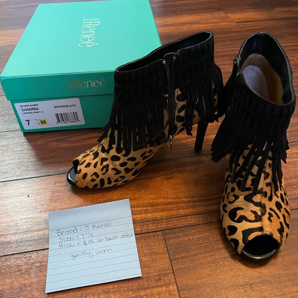 J Reneé Sahara Leopard Print Fringe Peep-Toe Ankle Booties